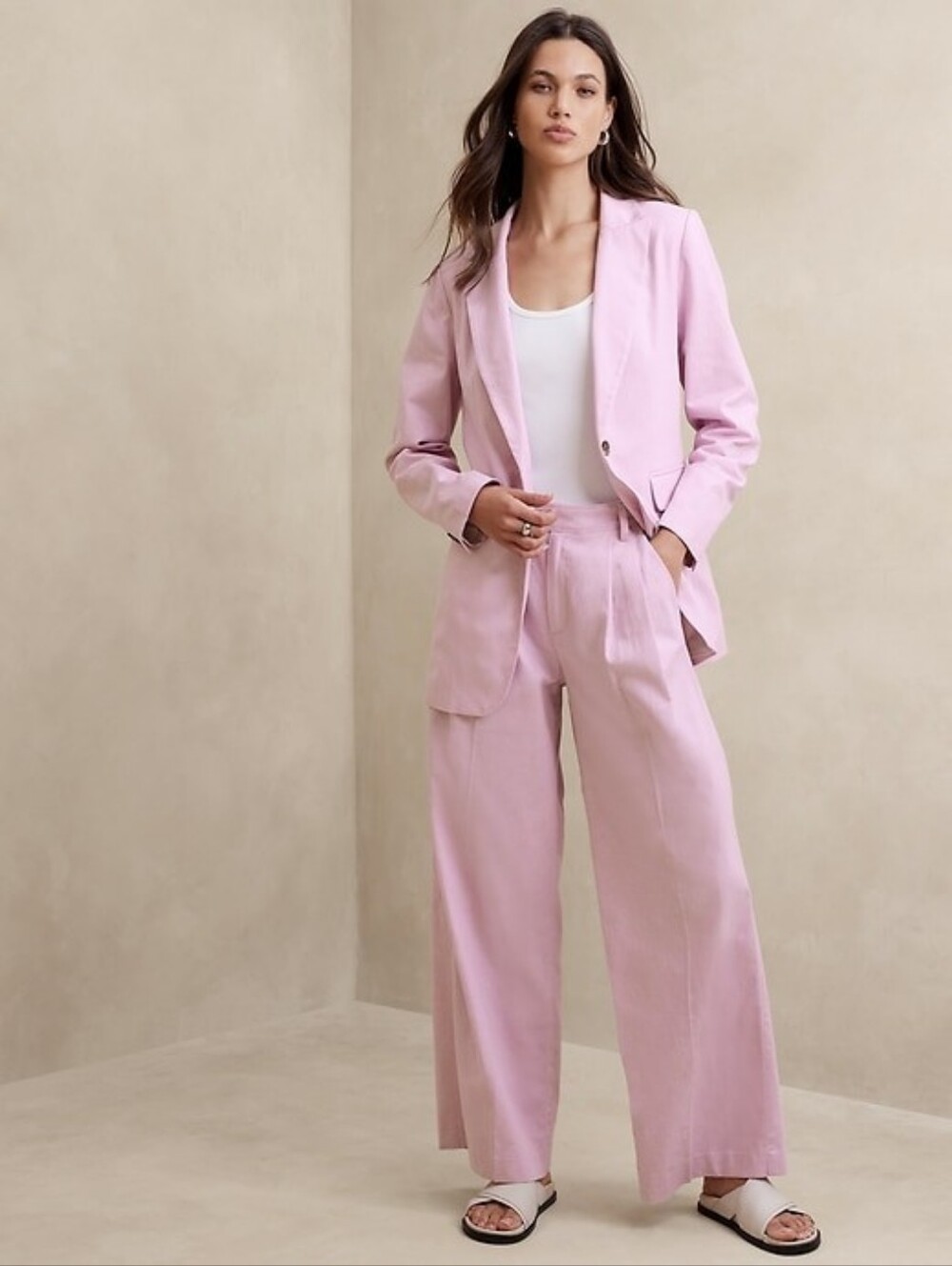 BANANA REPUBLIC Soft Pink Linen Long Simple Minimalist Breasted Blazer Size 12